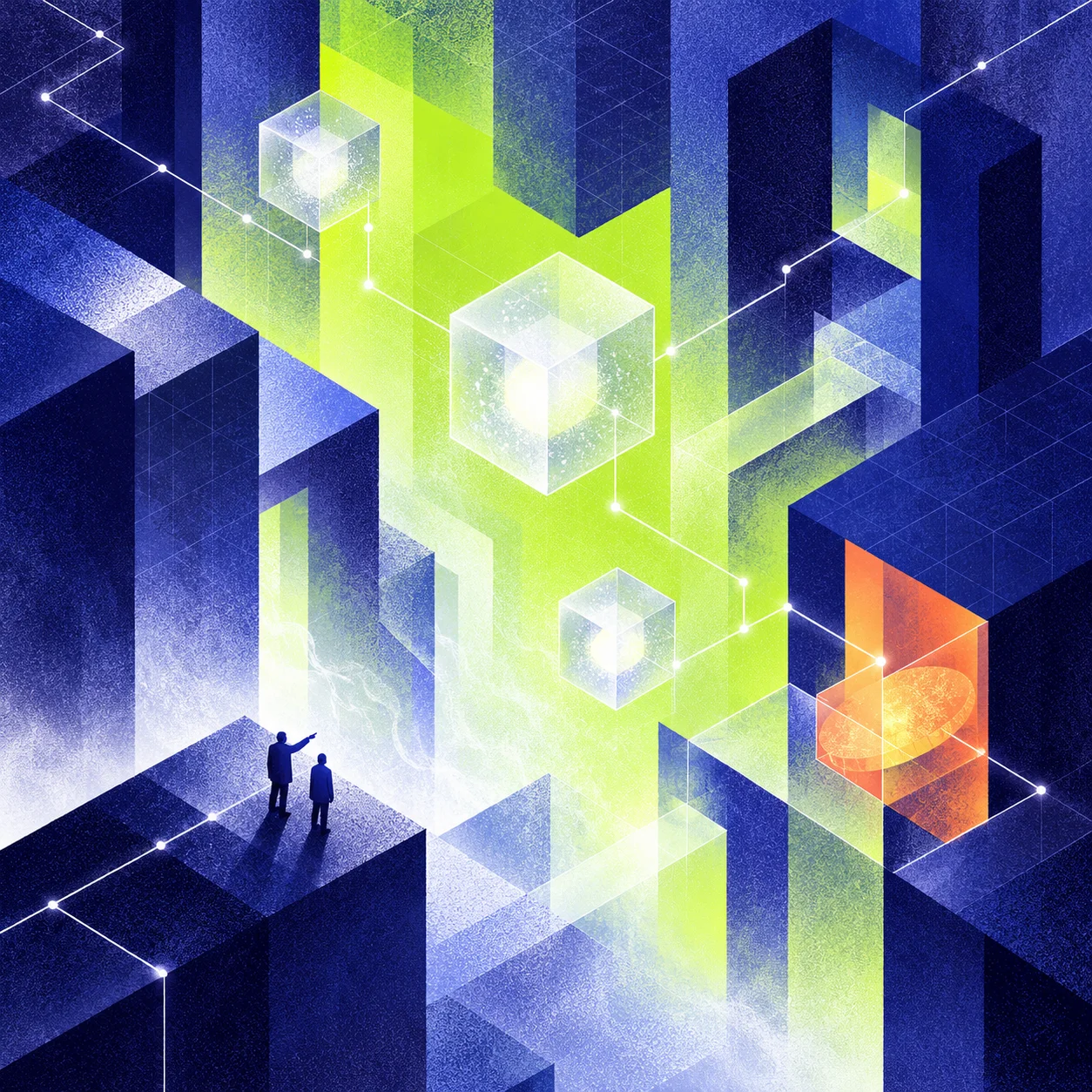 A grain-textured isometric world of indigo towers, luminous lime corridors, floating glass cubes, and a coral processing chamber, connected by fine white signal paths.